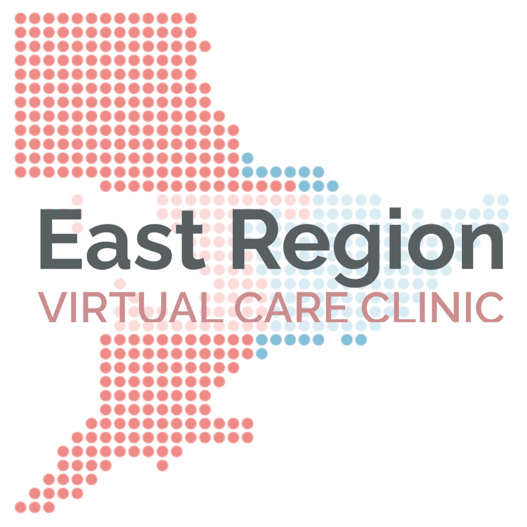 East Region Virtual Care Clinic text overlaid on dots that form the shape of a map of Ontario Health's east region