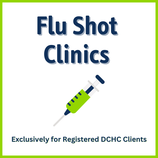 Flue shot clinic sign with syringe graphic