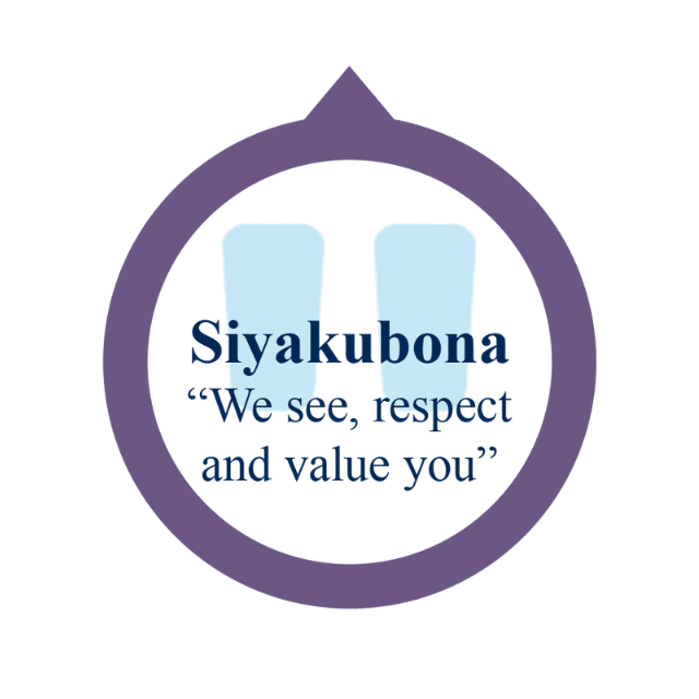 Purple circle with quote within it: Siyakubona, "we see, respect and value you