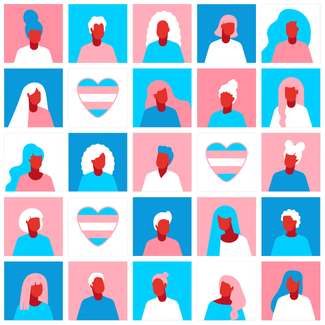 A mosaic of blue, pink, and white hearts and silhouettes of people