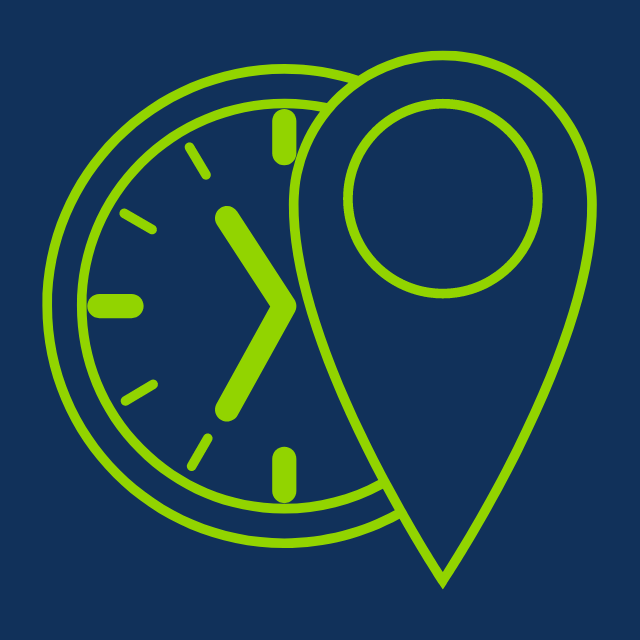 Green and clock and location icon on a dark blue background