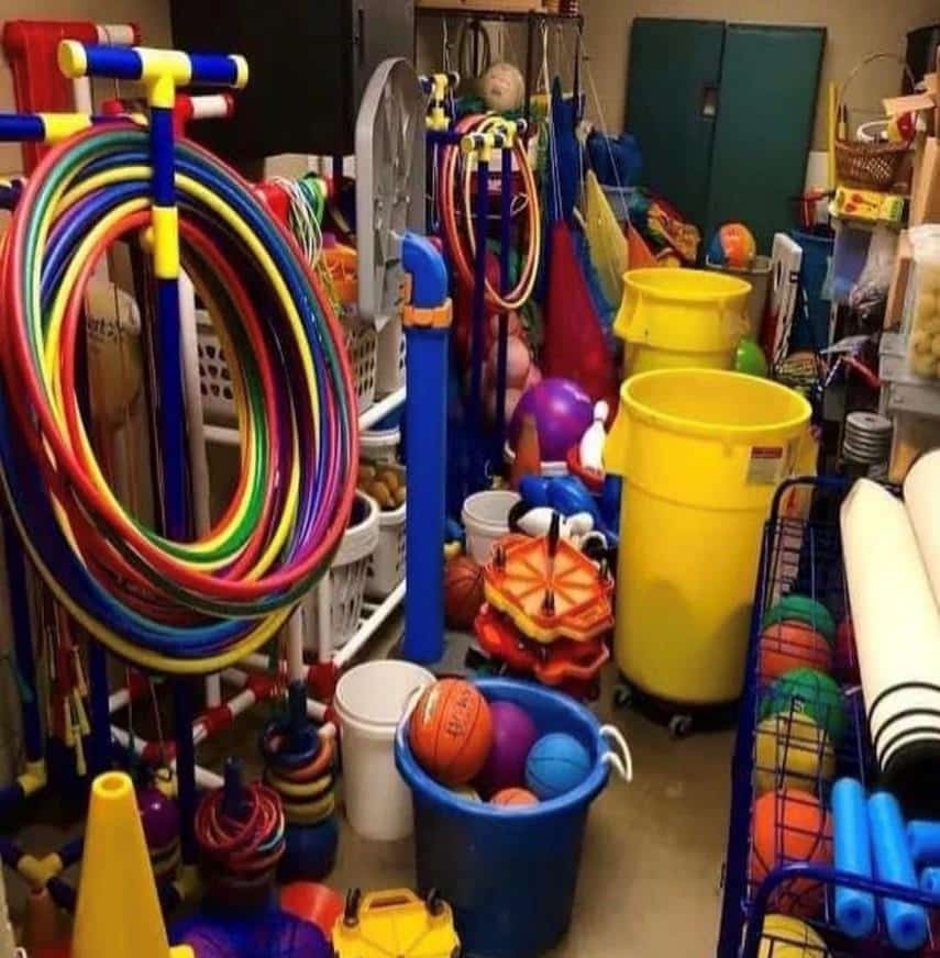A room full of elementary school gym equipment