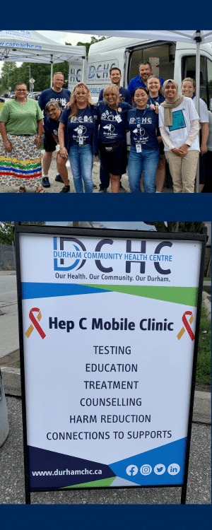 Healthcare workers standing outside a mobile clinic van and a standing sign listing what services the mobile clinic provides