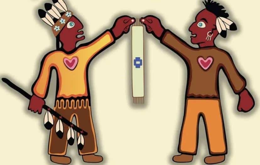 A graphic displaying two people holding up the Dish with one spoon Wampum Belt
