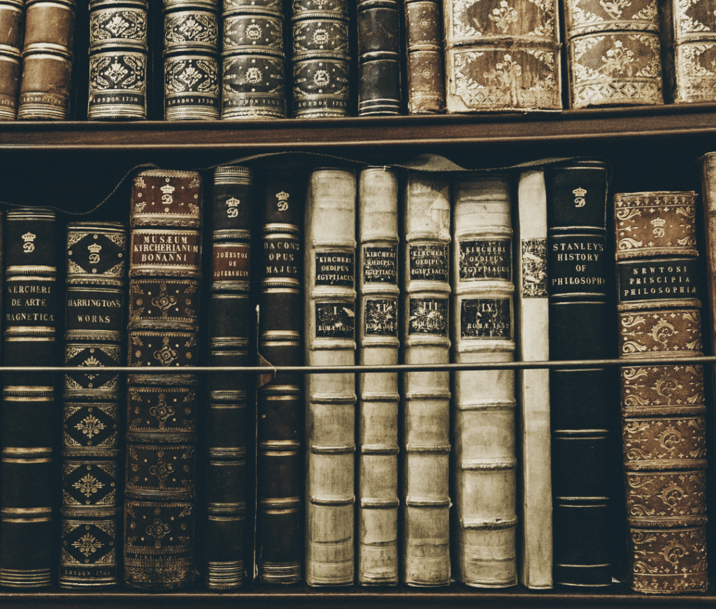 A bookshelf full of old books. Used to promote Indigenous Authors Bookclub
