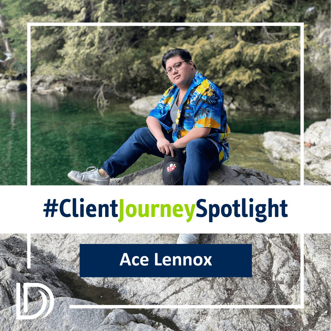 A graphic with a photo of Ace sitting on a rock near a body of water with a bar of text reading #ClientJourneySpotlight one third up from the bottom of the page.
