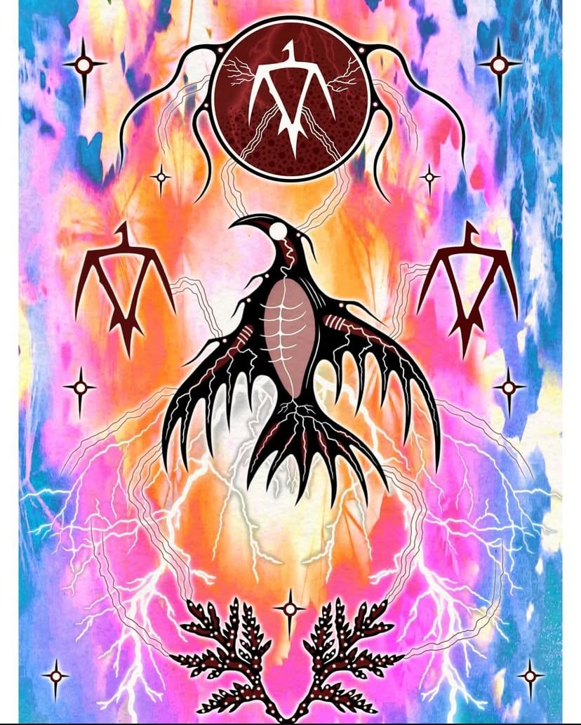 An indigenous art piece used to advertise Traditional Teachings: Thunder Beings