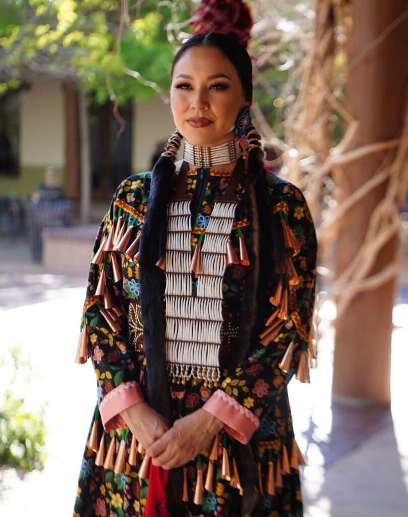 A portrait of Santee Sioux, who is facilitating Tȟawíčutȟuŋka: "She Who Dances Proudly"