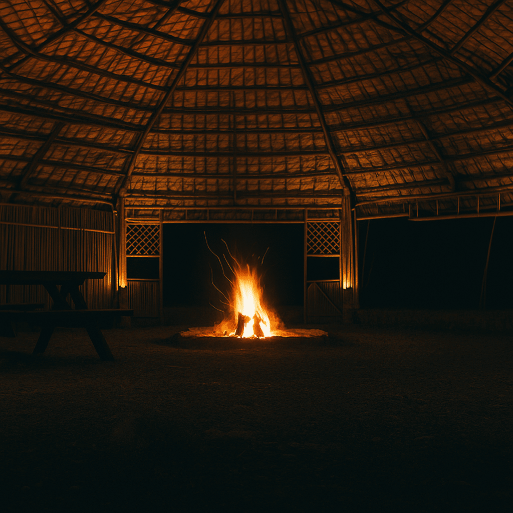 An empty building with a fire in it used to promote Traditional Men's Sweat Lodge Ceremony
