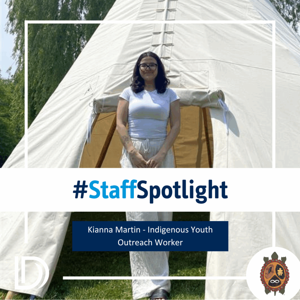 A photo of Kianna Martin with stylized text reading "Staff Spotlight" and "Kianna Martin, Indigenous Youth Outreach Worker.