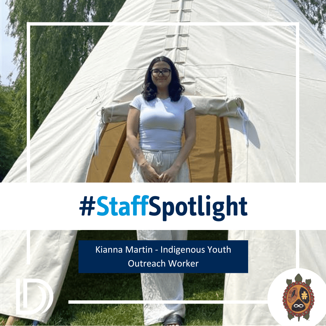 A photo of Kianna Martin with stylized text reading "Staff Spotlight" and "Kianna Martin, Indigenous Youth Outreach Worker.
