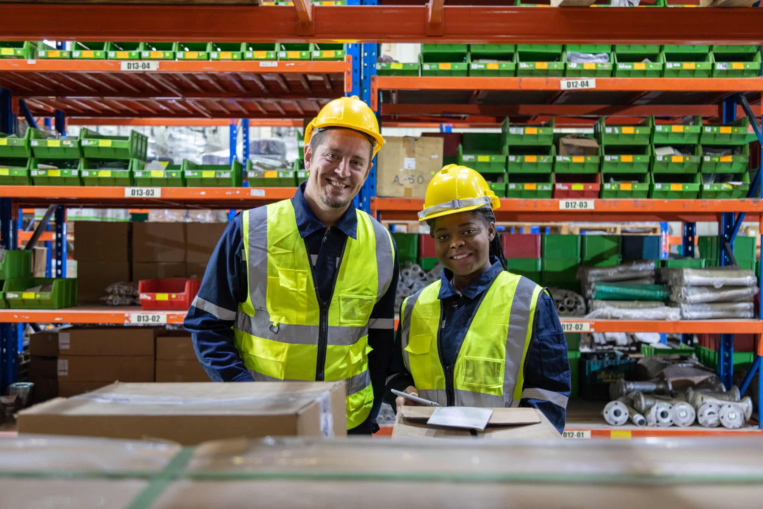 Store clerks inspect products, warehouses, industrial and logistics supply chains. Used to promote Warehousing Skills Workshop
