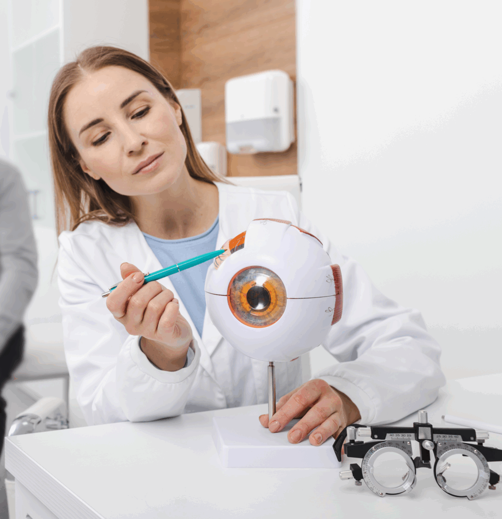 Optometrist demonstrating eye anatomy during patient consultation in clinical setting