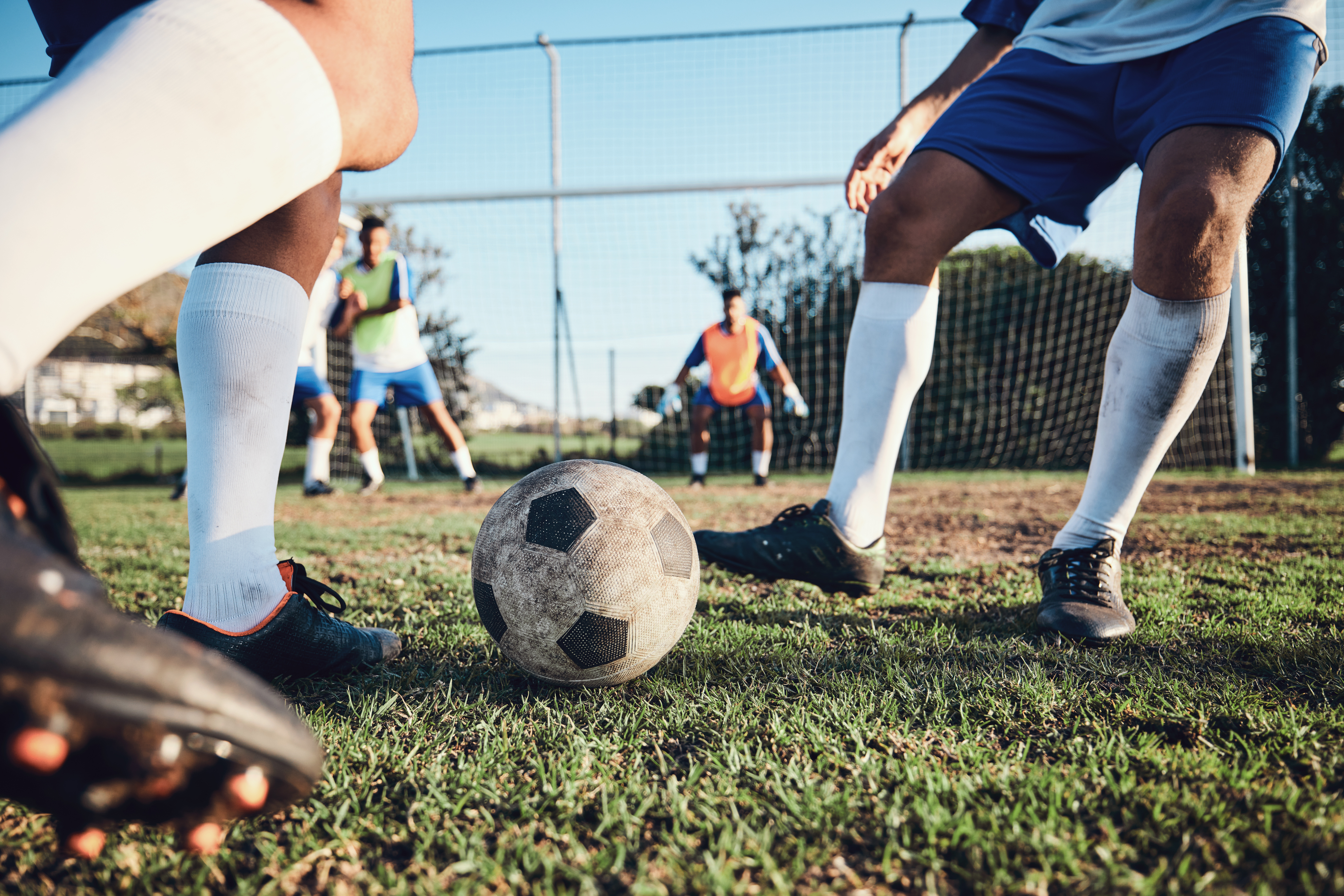 ootball, game and men with exercise, grass and health with workout goal, fitness and motion